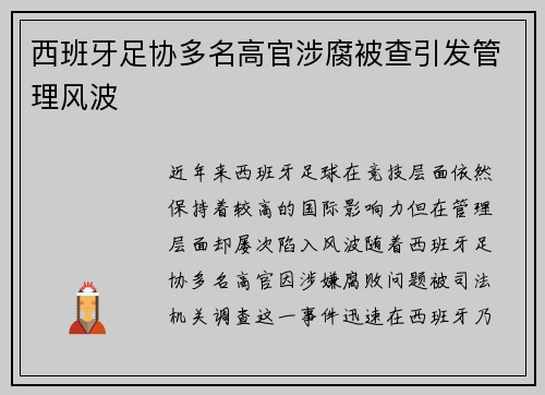 西班牙足协多名高官涉腐被查引发管理风波 西班牙足协多名高官涉腐被查引发管理风波